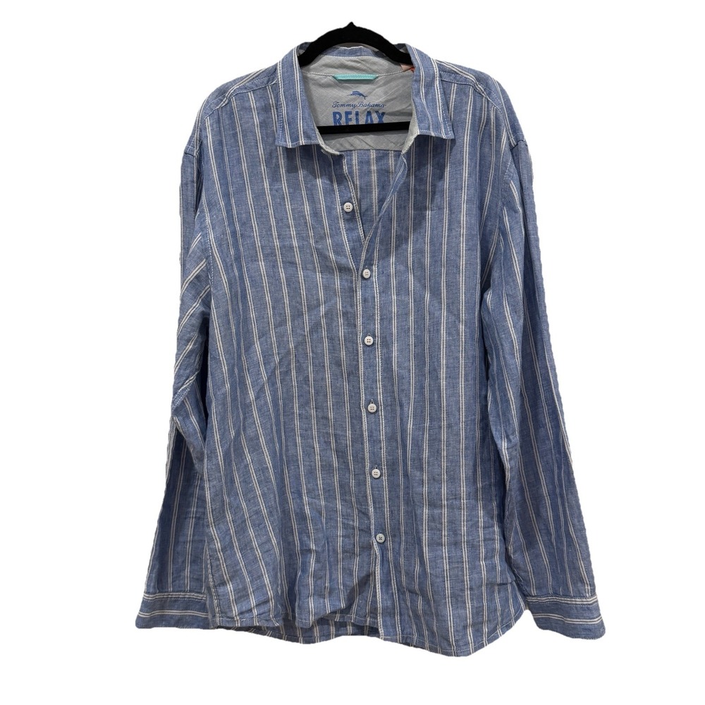 TOMMY BAHAMA size XL 100% Linen Long Sleeve Casual Shirt White Blue & Tan